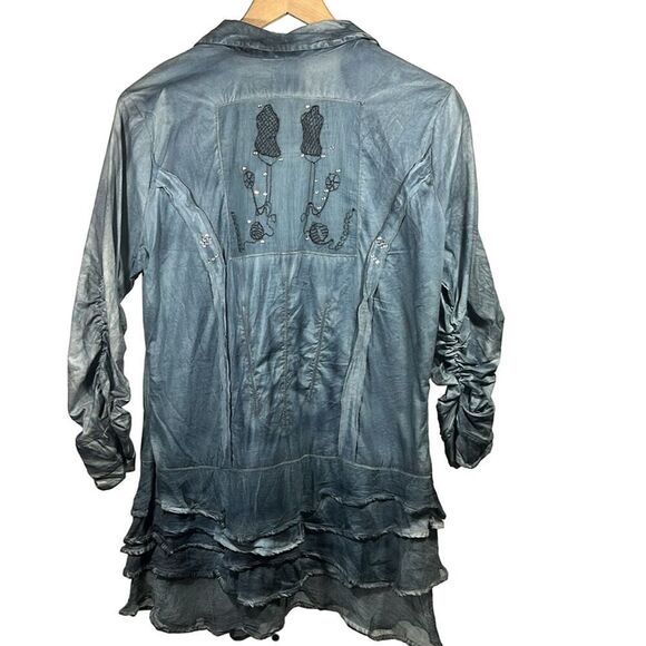 PARSLEY & SAGE Women's Cotton Embroidered Ruffle Button Down Shirt Blue Small - Picture 9 of 15